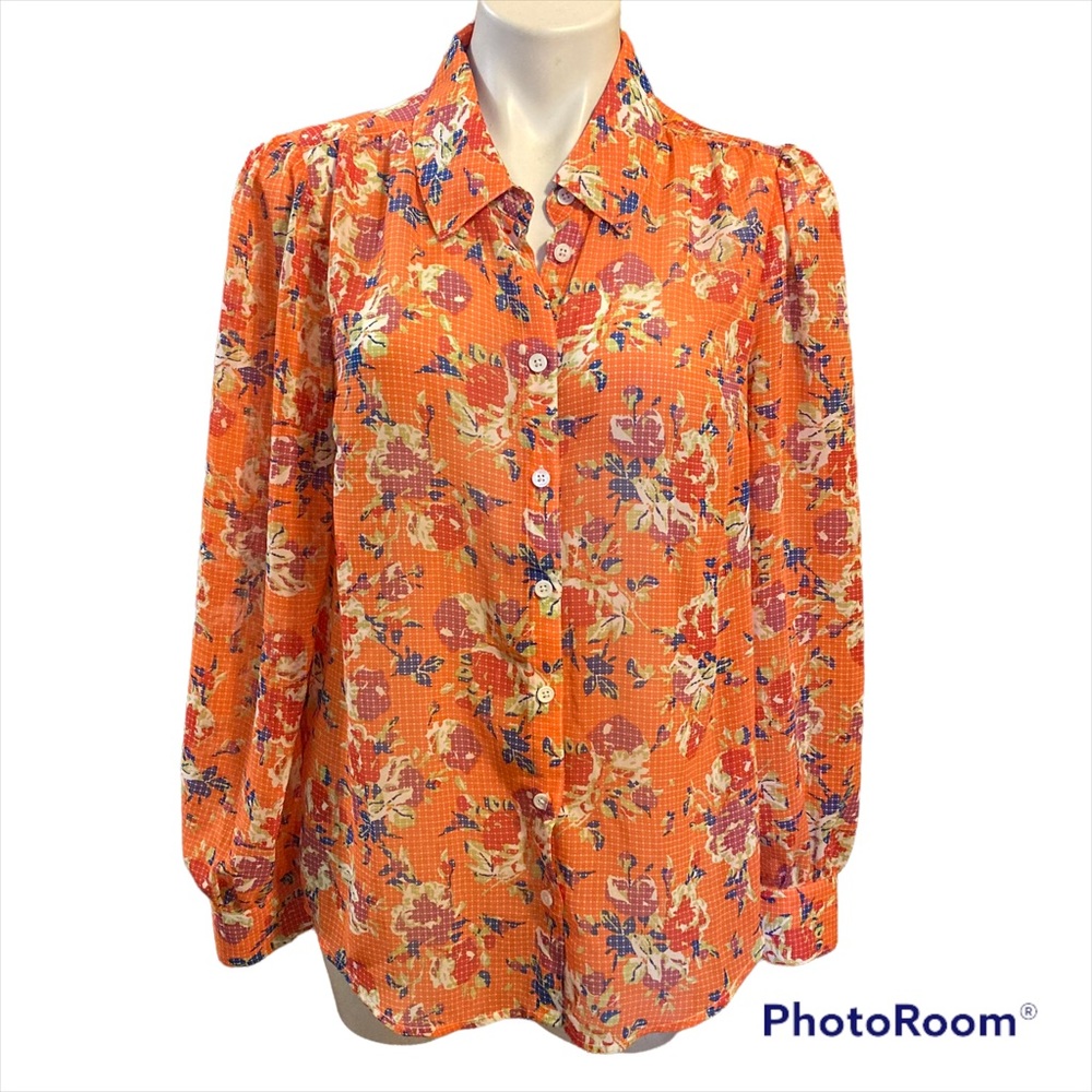 ModCloth sheer Orange floral button up Long sleeved blouse